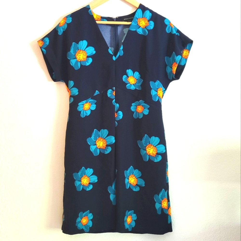 Banana Republic Cap Sleeve Floral Midi Dress Size 6 Navy Turquoise Orange party